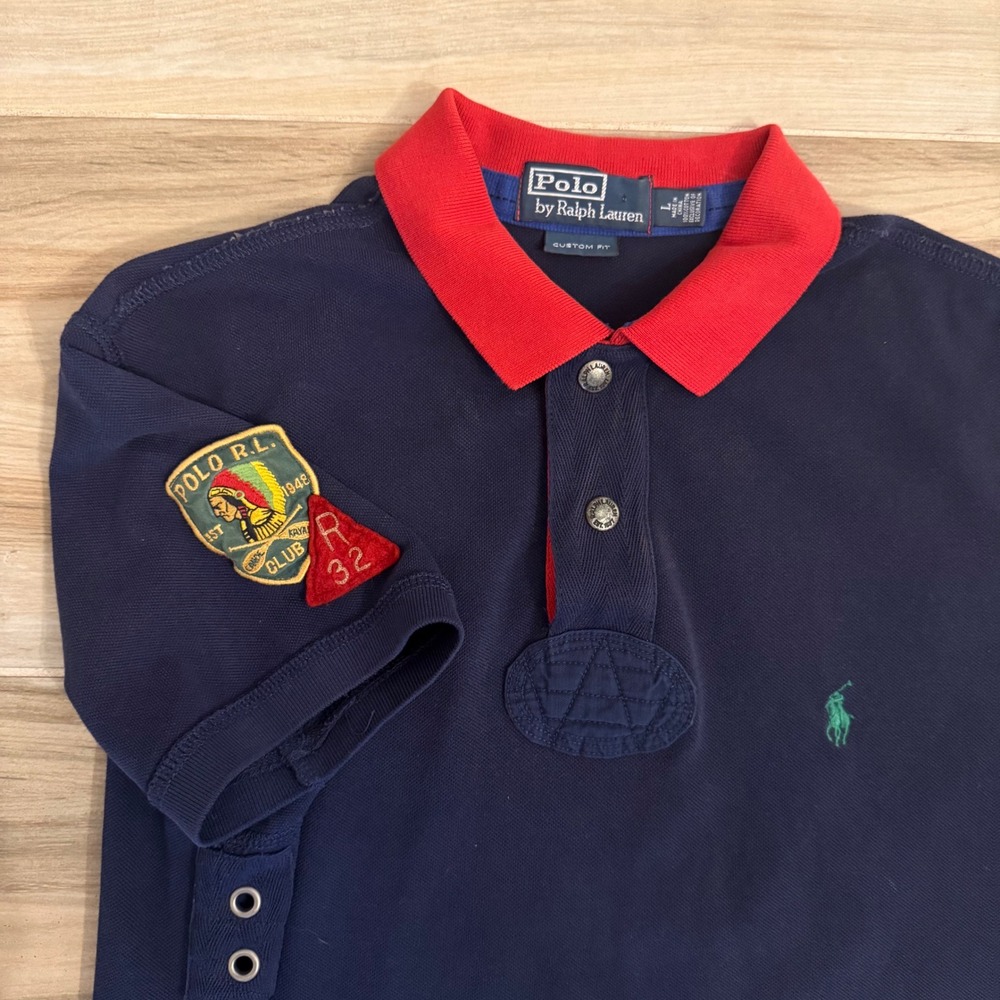 Vintage Polo Ralph Lauren Canoe Kayak Club Patch Polo Shirt Navy Red Men's L
